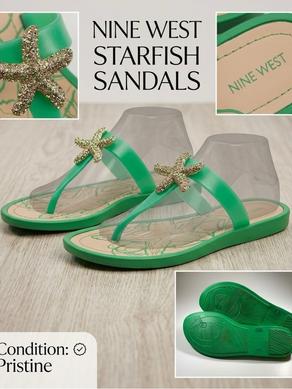 NINE WEST Nancita Green Jelly Rhinestone Starfish Sandals • Fits Size 9